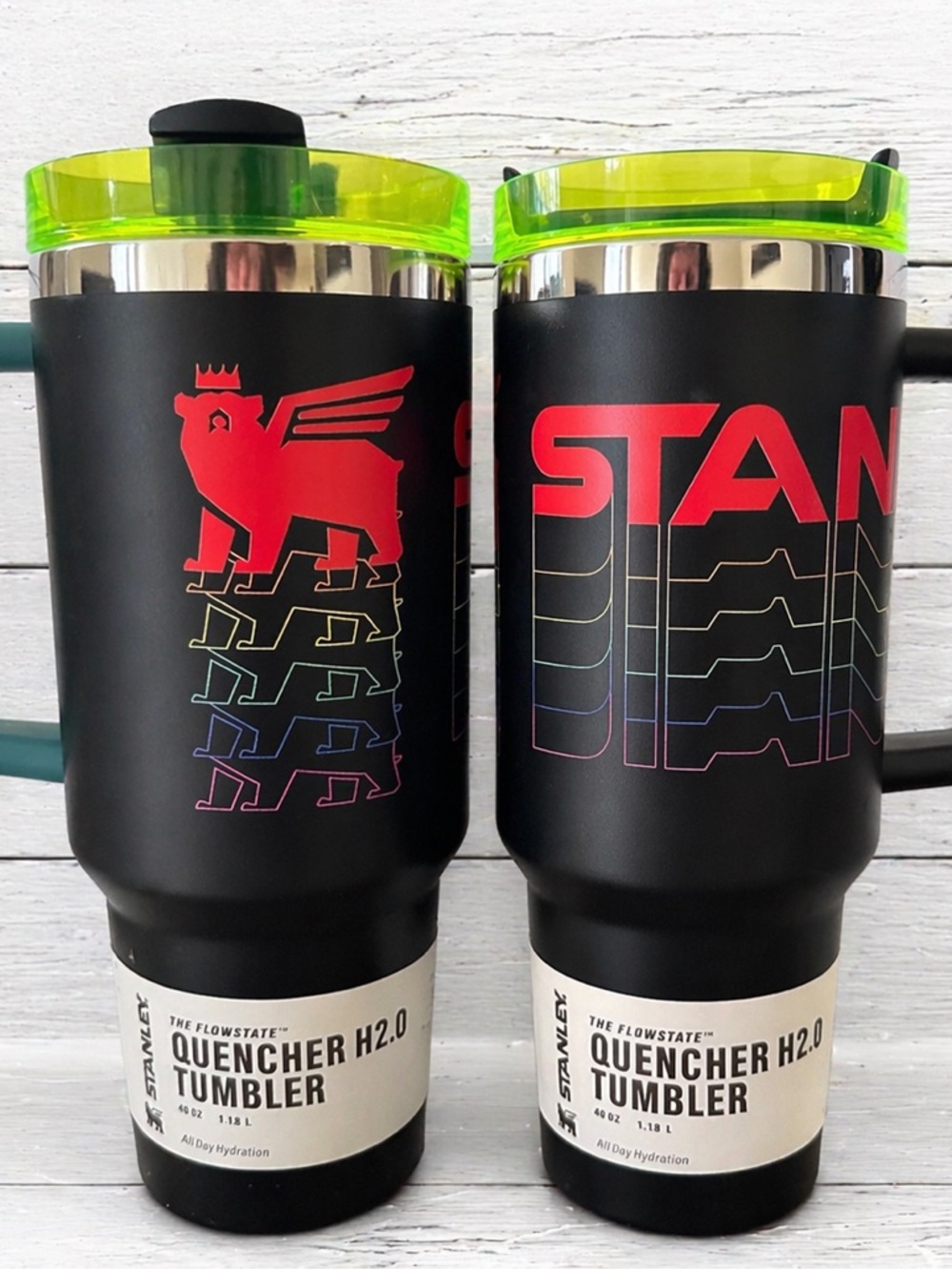 40oz. Stanley Black Tumbler with Neon Green Lid and Red Logo (1)
